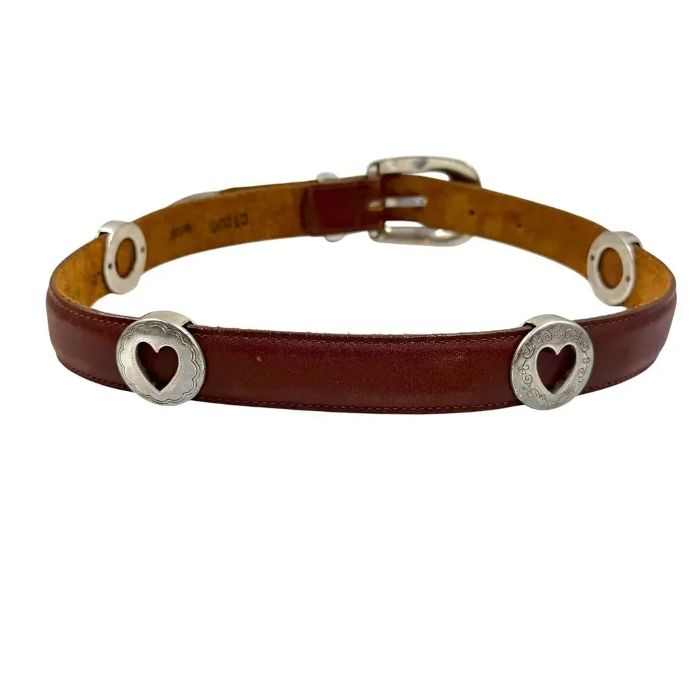 Vtg Brighton Kids Brown Leather Heart Concho Western Belt Silver M/25 Womens XXS